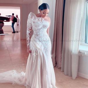 One Shoulder Mermaid Wedding Dress Long Sleeves Lace Saudi Arabia Illusion Bridal Gowns Sweep Train robe de mariee