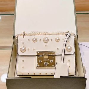Retro Messenger Bag Women Rivet Handbags Purse Padlock Crossody Bags Pearls Nails Decor Genuine Leather Fashion Letter Gold Hardware Handbag 5689