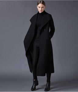 Winter Women's Wool Coat Lapel Black Dark Blue Lång sektion Listning Stor storlek LJ201201