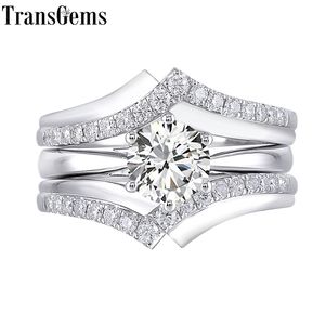 Transgems 10K White Gold Main 1CT 6.5mm F Color Moissantie Diamond Engagement Ring Set for Women Wedding Inslocking 2 Piece Y200620