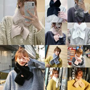 New Faux Fur Collar Neck Warmer Mulheres Scarf Inverno Longo Pêssego Pêssego Cruz Cruz Scarves De Tricô Lã De Pelúcia Cachecol Cor Sólida Quente