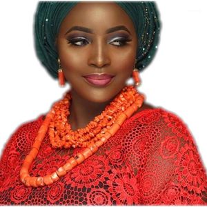 Örhängen Halsband Fashion 2022 Brud Smycken Ange Armband Orange Afrikanska Nigerianska Coral Pärlor för Kvinnor Bröllop