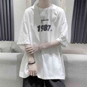 HybsKr Summer T-shirt Oversized Casual Male Top Tees Hip Hop Loose T Shirt Män 1987 Grafisk ren bomull herrkläder G1222