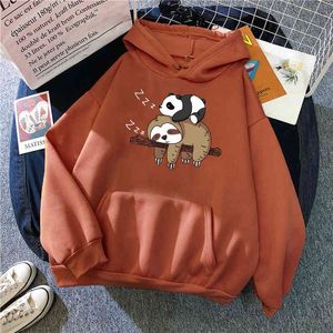 Söt tecknad sloth print man sweatshirt lös casual fleece hooded streetwear mode oversize hoody topp hip hop anime hoodies h1227