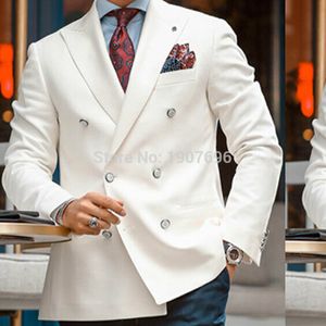 Vit dubbelbröst blazer för män Slim Fit Single One Piece Man Suit Jacket med toppad lapel italiensk stil casual coat 201104 ulcr