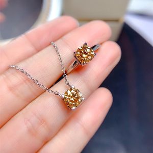 Yellow Moissanite Jewelry Sets 1CT 6.5MM VVS Lab Diamond Ring with Certificate for Women Gift Real 925 Sterling Silver Necklace B1205