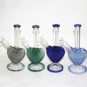 Bunte herzförmige Glasbong-Wasserpfeife, 9-Zoll-Glaswasserpfeifen, Becherglas, Recycler-Bongs, Dab-Rig-Ölbrenner, Aschefänger-Bubbler mit 14-mm-Schüssel