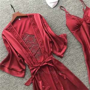 2020 mulheres vestido de robe 2 pcs conjuntos cetim pijama bordado oco fora senhoras sexy vermelho caseiro desgaste noite vestido com pads pads lj200822