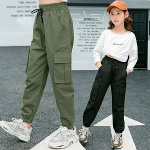 voor Kinderen Meisjes Cargo Pure Kleur Broek Zak Losse Sport Hoge Taille Elastische Kinderen Casual Running Broek LJ201019