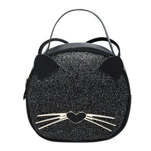 Kobiety Okrągły Torba Messenger Ladies PU Skóra Cartoon Cat Cekin Torby Na Ramię Damskie Torby Crossbody Bolsa Feminina # T1P