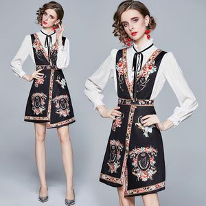 High-end Long Sleeve Girl Set Shirt+vest Dress Printed Bow Womens Two Piece Set Spring Summer Sets Fashion Luxury Lady Su