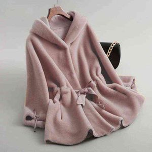 Fashion-Woman Winter Prawdziwe Prawdziwe Futro Kółko Płaszcze Panie Luźne Z Kapturem Casual Outwear Kobieta Gruba Ciepła Kurtka ścinająca owiec X95 H1231