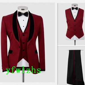 Yeni Stil Tek Düğme Yakışıklı Şal Yaka Damat Smokin Erkekler Takım Elbise Düğün / Balo / Yemeği En Iyi Adam Blazer (Ceket + Pantolon + Kravat + Yelek) W670