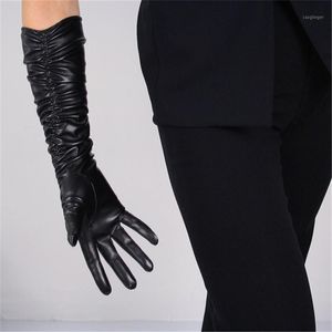 Пять пальцев перчатки сенсорного экрана длинные женщины моделирования кожа PU плиссированные куча черные шелковые выровняющие женский сенсор 40-50 см pu811