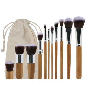 11 SZTUK Bambusowy zestaw pędzli do makijażu z płócienną torbą Face Foundation Brush Powder Blusher Zestawy pędzli do cieni do powiek