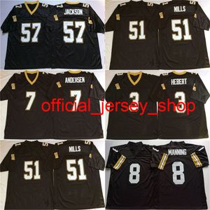 NCAA Bobby Hebert Jersey Morten Andersen Archie Manning Sam Mills Rickey Jackson Black Retro College Koszulki piłkarskie szyte męskie