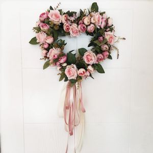 Dekoracyjne kwiaty wieńce piękne wesele domu wystrój sztuczny róży wieniec okrągły kształt serca kwiatowy pętla do drzwi ściany Decoratio