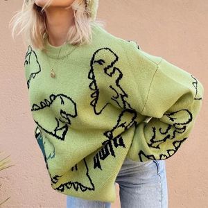 Överdimensionerad daglig casual designer tröjor Pullover Women 2023 Streetwear Autumn Winter Sweater Par Dinosaur Loose Pullover Party Green Sticked Jumper