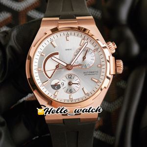 VF Nowy Overseas Dual Time 47450 / B01R White Dial Power Reserve 1222-sc Automatyczny Zegarek Mężczyzna Rose Gold Case Czarne gumowe zegarki Hello_watch