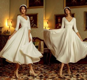Simple White Tea-length Wedding Dresses with Half Sleeve Satin Beach Boho Bridal Gown Elegant Princess Party Dress Cheap 2021
