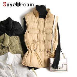 SuyaDream Woman Down Coat Stand Collar Winter Vests Belted Waist Solid Womens Parka Warm Jackets 201125