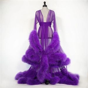 Customise Bridal Feather Nightgown Robes Transparent Tulle Lady Sleepwear Jackets Long Overlay Dressing Gowns Bridal After Party Dress