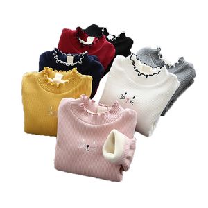 Autumn Girls Plush Sweater Children Clothing Girls Candy Color Knitted Warm Sweater Kids Cartoon Cat Outerwear Pullover F1203