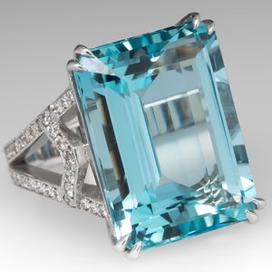 Silver Color Princess Sea Blue Topaz Diamant Ring Square Gemstone Bizuteria Anillo Smycken för Kvinnor Sapphire Ring Box Y1124