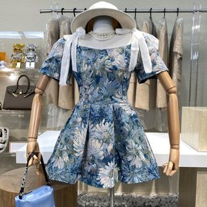 Dorywczo Suknie Lato Francuski Styl Vintage Krótki Rękaw Empire Kwiat Żakie Mini Dress Kobiety Luksusowe Eleganckie Szaty Princess Party