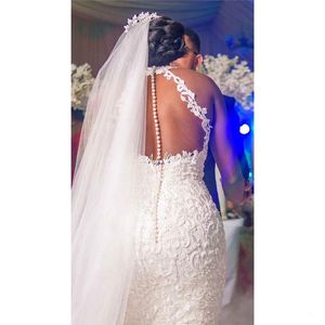 2021 Vintage Lace Beaded Wedding Dresses Sheer Neck Mermaid Lace Bridal Dresses Sexy Cheap Wedding Gowns239K