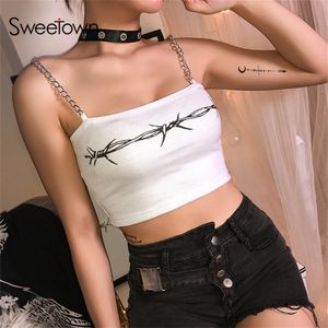 Sweetown Stampa floreale Senza spalline Sexy Crop Top estivi per le donne Fitness Activewear Cinghie a catena in metallo bianco Cami Top Canotta LJ200818