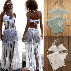 3 piece set Gypsy Boho Hand Crochet Bikini Set Women Swimwear Tassel Skirt, with long fringe Beach Skirt Net1