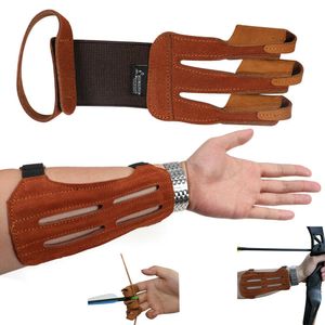 Belüfteter Armschutz, 2 Riemen, 3-Finger-Bogenschießenhandschuh, linke rechte Hand, Q0114