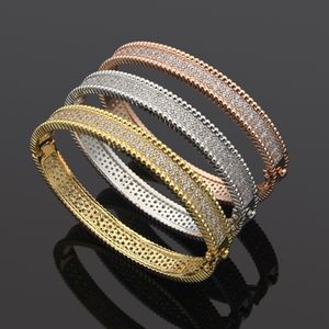 Europe America Fashion Style Lady Women Brass Engraved Letter Double Row Diamond Edge Bead Bangle Bracelet 3 Color