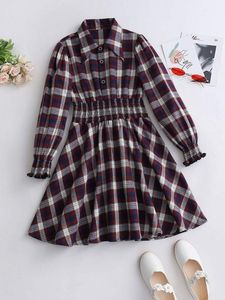 Meninas tartan shirred cintura bispo manga camisa vestido ela