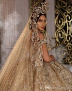 2021 Shinny Ball Gown Wedding Dresse Champagne Off Shoulder Luxury Crystal Pärad Saudiarabiska Dubai Brudklänning Plus Size285i