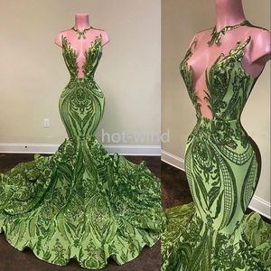 2022 Sparkly Sequins Olive Green Mermaid African Prom Dresses Black Girls Jewel Neck Illusion Long Graduation Dress Plus Size Formal Sequined Evening Gowns EE