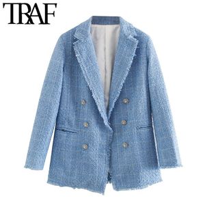 TRAF Abbigliamento donna ufficio moda doppio petto tweed giacca cappotto vintage manica lunga sfilacciata capispalla femminile Chic top LJ201021