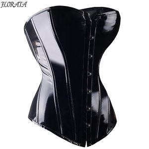 Sexig svart PVC Overbust Corset Steampunk Basked underkläder topp - Goth Rock Corset Sexig läder midja tränare korsett för kvinnor y1119