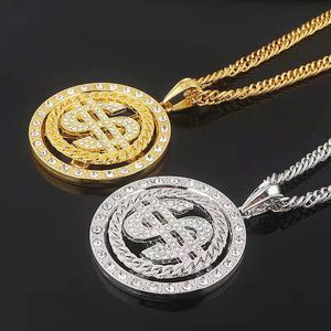 Hip Hop Rotatable Money US Dollar Symbol Necklace Long Chain Bling Bling Gold Silver Plated Austrian Crystal Diamond Dollar Sign Necklace for Men Women