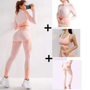 3pcs Women Seamless Gym Set Yoga Bra Suits Yoga Set Gym Clothing Female Fitness Sport Long Sleeve Yoga Suit Running Clothes Y1229