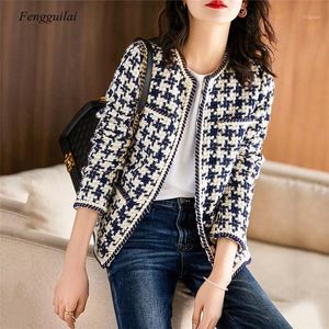 Plaid Tweed Jacken Frauen Oansatz Langarm Büro Dame Wolle Mäntel Herbst Winter Outwear Vintage Koreanische Elegante Plus Größe1