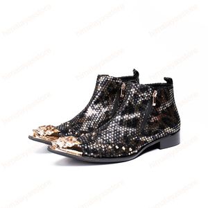 Autumn Winter Sequins Men Shoes Real Leather Boots Fashion Matel Pointed Toe Boots Plus Size Zipper Ankle Boots