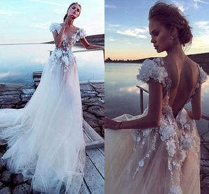 Champagne Tulle Boho Bröllopsklänningar 2021 Sexig Backless Princess Bridal Dress Lace Appliques 3D Flowers Beach Wedding Gowns Noiva