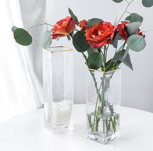 Dekorativa Blommor Kransar Nordisk Minimalistisk Japansk stil Transparent Square Glass Vase Hem Living Room Flower Arrangement Desk Decorat