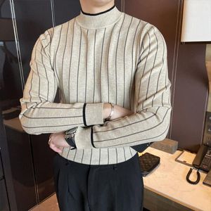 Мужские свитера повседневная полоса вязаные свитер Мужчины пуловер осень половина высокой шеи корейские тонкие вершины