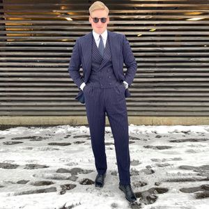 Navy Blue Striped Mens Pants Suits 3 Pieces Groom Wedding Tuxedos Prom Party Blazer Overcoat (Jacket+Vest+Pants)