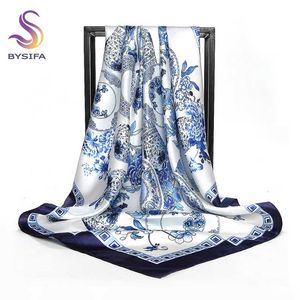 [BYSIFA] Китай Синий стиль белый шелковый шарф мыс дизайн дамы мусульманские головки напечатанные модные аксессуары сатин 220106