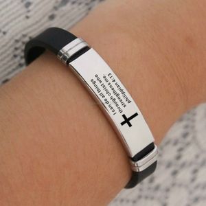 Mode rostfritt stål bibel korsarmband svart silikon armband kvinnor män armband armband manschett mode smycken vilja och sandig gåva