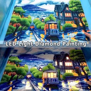 AZQSD Pittura diamante Scenic LED luce incorniciata trapano rotondo completo 5D fai da te diamante mosaico City Tram set completo di arte della parete 40x50 cm 201112